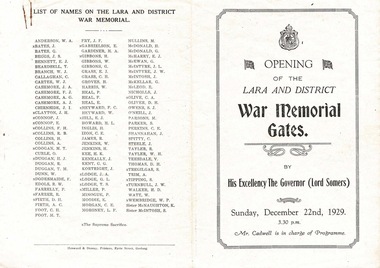 Papers Photo, Opening of the Lara and district War Memorial Gates - December 22nd 1929, 1929