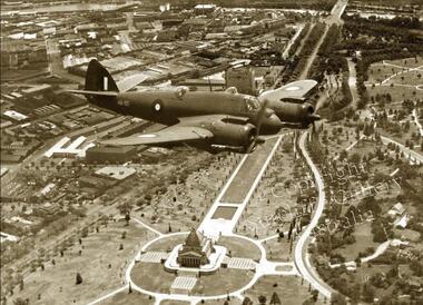 Photograph Beaufighter over Melbourne Shrine of Rememberance circ 1944, Beaufighter over Melbourne Shrine of Rememberance, circ 1944