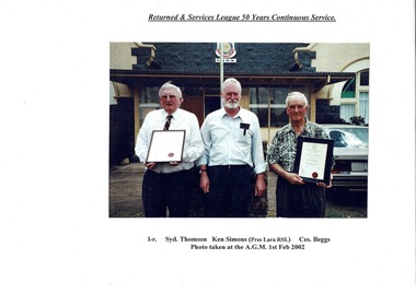 Photograph, RSL 50 years Continuous Service - Sid Thomson Ces Begges, 2002
