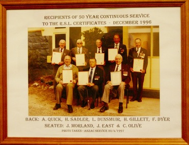 Photograph, RSL 50 years A Quick H Satler L Dunsmuir H Gillett F Dyer J Morland J East C Olive, 20/04/1997