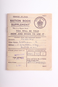 Ration Book, Ministry of Food Ration Book Supplement, 1941