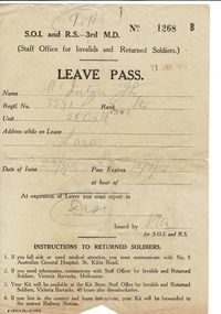 Leave Pass, No 1268 J.L. McIntyre dated 11Jul 1919