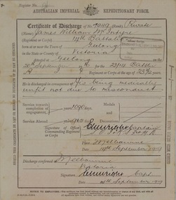 Certificate of Discharge, Private James William McIntyre - 20 Sep 1916, 1916