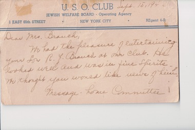 Postcard, Postcard - U.S.O. Club Sept 15, 1942
