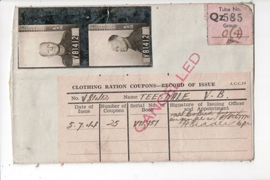 Personal Records, V.B. Teesdale Clothing Ration Coupons book, 1939 +