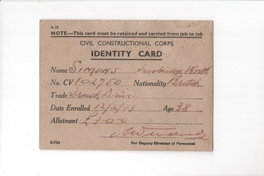 Personal Records, Civilian Construction Corps Identity Card, 1943