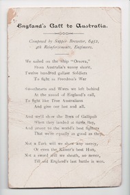Card, England's Call to Australia, c. 1900's