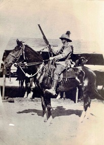 Service Gear, Trooper Patrick Nolan, Picture on his horse "Jack Ordeal" with his googles, stirrups, Registration of membership to R. S..S. I. L .A. dated 6/2/1917, badge "Rising Sun"