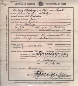 Personal Records, Certificate of Discharge, 1919