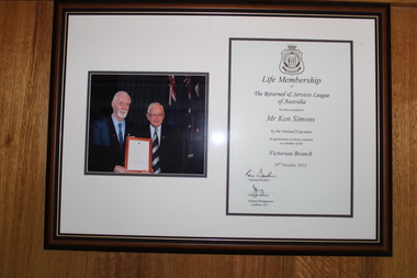 R.S.L. Llife Menbership Awarded to Ken Simons, R.S.L. Life Membership Certificate 18/10/2013, 2013