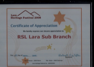 certificate of appreciation, Lara Heritage Festival 2008 Certificate of appreciation Dated 2008 to Lara RSL dated 2008, 2008