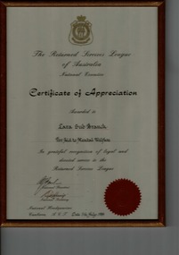 certificate of appreciation, Certificate of appreciation from The Returned Services League of Australia  - National Executive to Lara RSL Sub-Branch for aid to Mental Welfare dated 5/12/1989, 1989