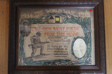 framed picture 1914-1918 Willis, Two men forth from this home - Charles H. Willis 1915 & Norman G. Willis 1915