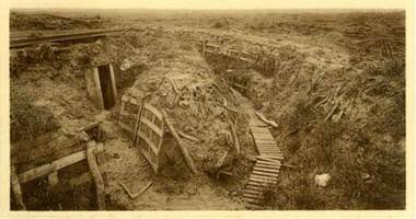 Photo of the Zonnebeke sector near Ypres in 1919 showing a trench system with dugout/tunnel entrance