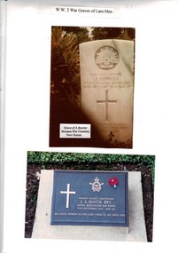 World War 2 War Graves of Lara Men, Photograph of Head Stone of grave site Pte. A. Bowler at Bomana War Cementary, New Guinea and Grave Site of Flight Lieutenant J.S. Austin DFC grave site Adelaide River, N. T