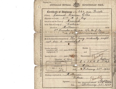 Cetificate of Discharge, Melbourne