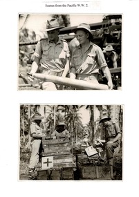 photographs two covering scenes of Australian Soldiers from the Pacific during World War 2, Two photographs of scenes from the Pacific during World War 2 on a a4 paper sheet