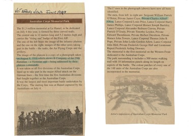 Veteran Affairs Newspaper article dated June 1998, Australian Corps Memorial Park - $1.3 million memorial at La Hamel for Australian World War 1 Soldiers