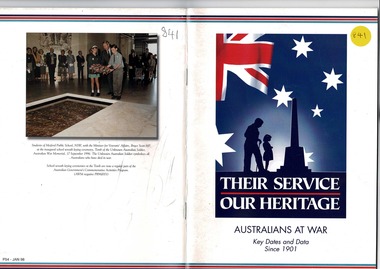 Booklet "Their service Our Heritage", Booklet produced by Department of Vetran's affairs, Canberra A.C.T.  "Their service Our Heritage" -Australians at War, Circ 01/1998
