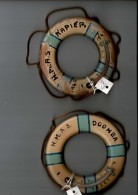 Round Woode Life Saving Ring 2 off, 1. Wooden Life Saving Ring with Temprature Gauge H.M.A.S. Napier 1940 -1941   2. Wooden Life Saving Ring with Temprature Gauge H.M.A.S. Doomba 1940 -1941