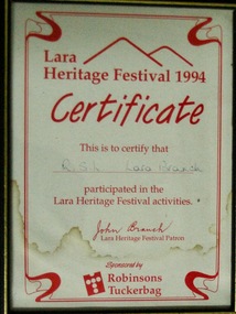 Lara Heritage Festival 1994 Framed Certificate, 1994