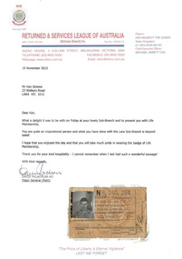 Certificate - Award, R.S.L. Llife Menbership Awarded to Ken Simons
