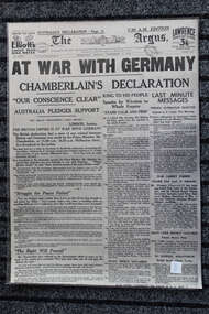 Newspaper - The Argus 4/9/1939 - Newspaper - War with Germany, At War with Germany- Chamberland Declaration - Our Conscience Clear - Australia Pledges Support