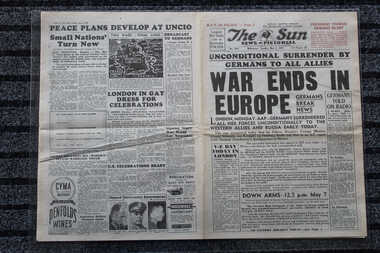Newspaper - The Sun - 8th May 1945 - Unconditional Surrender By Germans to All Allies, War Ends In Europe