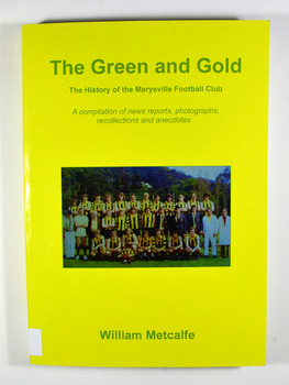 Paperback. Yellow cover. Front cover has a photograph of Marysville's 1973 Premiership team at Warburton. Back cover has a photograph of the Gilbey's and Peter Dawson Cups and a Marysville football jumper.