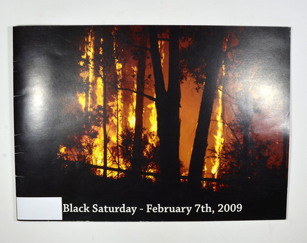 Front cover has a photograph of a bush fire. Back cover has a photograph of a burnt tree with some regrowth.
