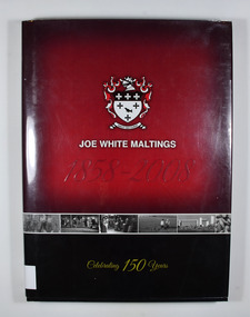 Dust cover has the White family crest above the title. Under the title is a series of small black and white photographs of various activities involved with the malt industry.