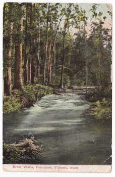 Shows the River Watts flowing through the forest at Fernshaw. There are rapids in the river and a number of fallen trees lie across the river. There is a fallen tree in the foreground. The photograph appears to have been taken either early in the morning or at sunset. On the reverse of the postcard is a message and address handwritten in black ink. There is also an orange one penny Victorian postage stamp in the top right hand corner as well as a date stamp in black ink that runs along the upper edge of the postcard on the reverse.