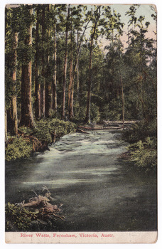 Shows the River Watts flowing through the forest at Fernshaw. There are rapids in the river and a number of fallen trees lie across the river. There is a fallen tree in the foreground. The photograph appears to have been taken either early in the morning or at sunset. On the reverse of the postcard is an address handwritten in black ink. In the upper right hand corner there is an orange Victorian one penny postage stamp as well as a date stamp in black ink that runs along the upper edge of the postcard on the reverse.