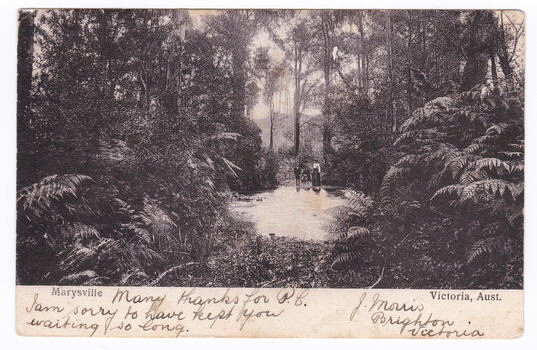 Shows three people standing at the edge of a river. They are surrounded by heavy forest with trees and tree ferns. In the background a hill is visible. There is a message handwritten written in black ink on the front of the postcard, along the bottom edge. There is also a return address written on the front. On the reverse is written the address of the recipient. There are two date stamps, one from Melbourne and one from Denmark. There is also a stamp from the Bill Hopkins Collection, Notting Hill Gate, London. The postage stamp has been removed.