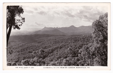 Shows a view of the range of mountains known as the Cathedral Range including Mount Cathedral. In the foreground are a series of heavily forested hills. On the reverse of the postcard is space to write a message and an address and to place a postage stamp. The postcard is unused.