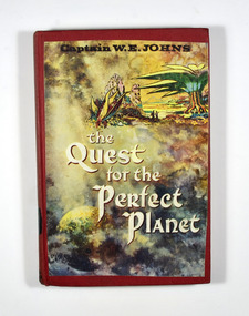 Shows on the front cover a picture depicting a planet surrounded by clouds at the bottom edge. Shows st the top of the picture a cartoon drawing depicting a landscape with trees and plants and rock formations which also includes the figures of two people observing the landscape.