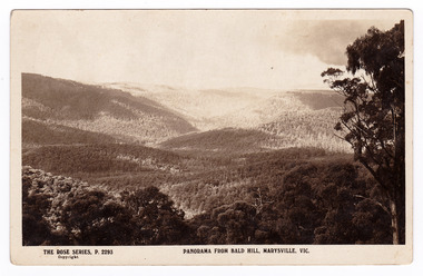 Shows the view of hills taken from Bald Hill near Marysville. In the foreground can be seen some trees. In the background can be seen a series of heavily forested mountains. The Rose Series of postcards P. 2293. On the reverse of the postcard is a space to write a message and an address and to place a postage stamp. The postcard is unused.