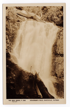 Shows Steavenson Falls in Marysville, Victoria. Shows the bottom cascade of the waterfalls flowing across rocks. Across the top of the cascade lies a fallen log. On the reverse of the postcard is space to write a message and an address and to place a postage stamp. The postcard is unused.