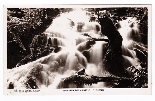 Shows the Cora Lynn Falls which are in Cambarville. Shows the falls cascading over rocks. There are a number of fallen logs lying across the falls. On the reverse of the postcard is a handwritten message.