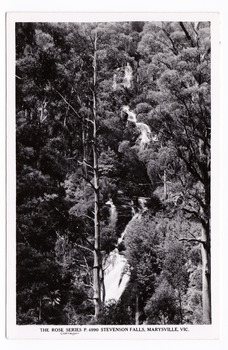 Shows Steavenson Falls in Marysville in Victoria. Shows the waterfalls cascading down the mountain surrounded by forest. On the reverse of the postcard is a space to write a message and an address and to place a postage stamp. The postcard is unused.