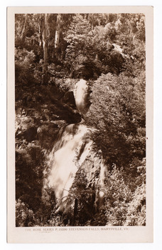 Shows Steavenson Falls in Marysville in Victoria. Shows the waterfalls cascading down the mountain surrounded by the forest. On the reverse of the postcard is a space to write a message and an address and to place a postage stamp. The postcard is unused.