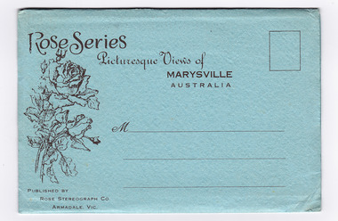 Shows a light blue envelope which holds 12 black and white photographs of natural attractions in Marysville and surrounding area. On the front of the envelope is a space to write an address and to place a postage stamp. The envelope is unused.