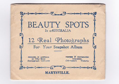 An envelope with 12 black and white photographs of scenic attractions taken in and around Marysville in Victoria. Photographs are gloss finish with the title of the photograph printed along the lower edge of the photographs.