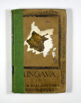 The cover is brown. It appears that the book's dust cover has been removed and the picture from the front cover had been adhered to the front cover. That has been partly removed leaving behind residue. The title of the book and the author's name are in black on the front cover.
