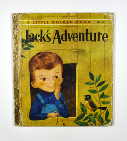 Front cover has a drawing depicting a small boy holding a piece of grass looking out of a window at a bird sitting on a tree branch. A Little Golden Book 243 : 30 Back cover has a list of The Little Golden Library. Surrounding the list is a series of cartoon pictures of various characters from the books.