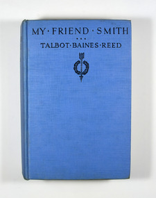 Cover is blue with the title and author written in black on the front cover and spine. There is also a drawing of a laurel wreath with an arrow in the middle pointing down. This may be the symbol of the publisher.