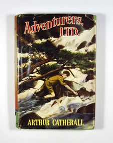 Dust cover has an illustration of a boy scout attempting to cross a flooded river. The reverse of the dust cover has information regarding The Crown Library; a series of school and adventure books for boys and girls.