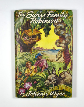 Front cover has an illustration showing two people, one carrying a rifle, a donkey and a large boa constrictor. In the background is a tree-house and a bay of water with a small boat floating in the water. The back cover has a list of Hamly Classic books and the details of the publisher of the book.