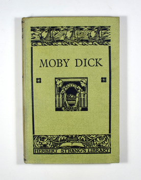 No dust cover. Front cover is light green. At the top of the cover is an illustration of three ships in black. Under the top illustration is the title of the book in black. In the center is an illustration of a boy and a girl sitting opposite each other, both reading books. At the foot of the cover is an illustration of an open book with a grape vine flowing across it. Underneath are the words 'Herbert Strang's Library in black. The title, author and publisher are in black on the spine.