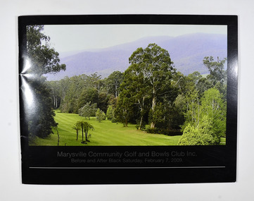 Front cover has a photograph taken of one of the greens at the Marysville Community Golf Course. Back cover has a photograph of a red toadstool.